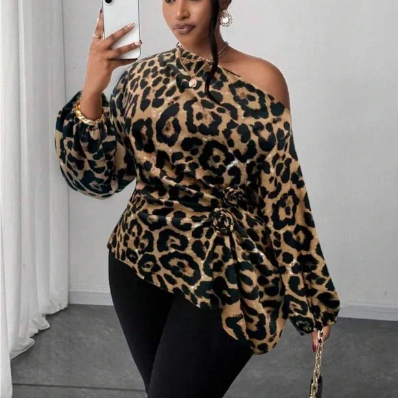 Plus Size Asymmetrical Off Shoulder Top Blouse Shirt Pink - Picture 14 of 16